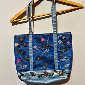 Embroidered and beaded floral tote bag in blue